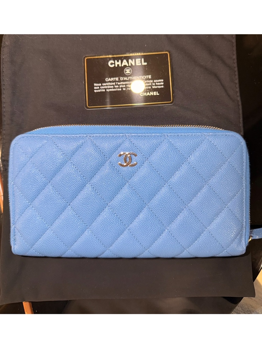 CHANEL Quilted Zip Wallet in Sky Blue with Gold CC